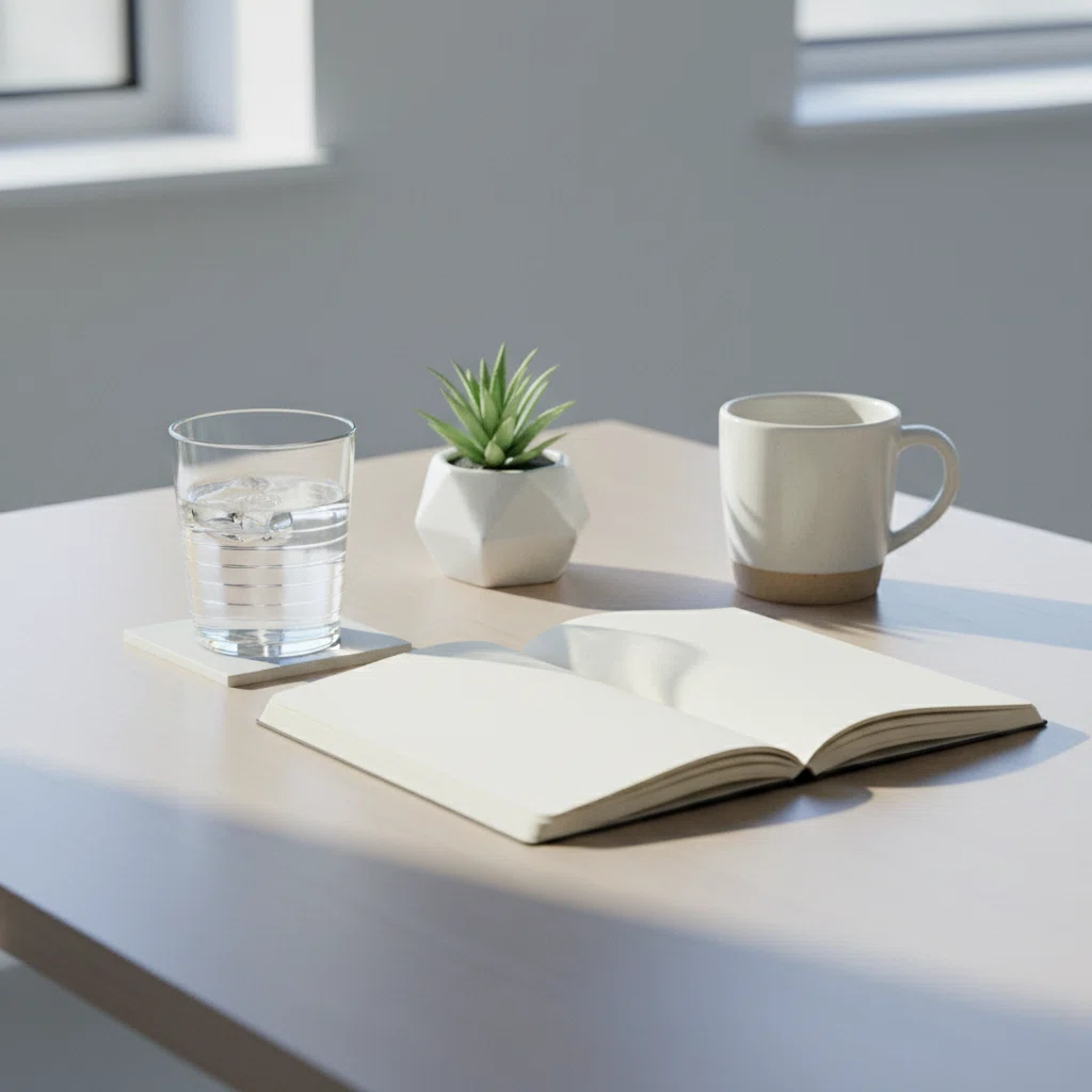 A tidy desk workspace with a glass of water, notebook, and a small potted green plant in natural light