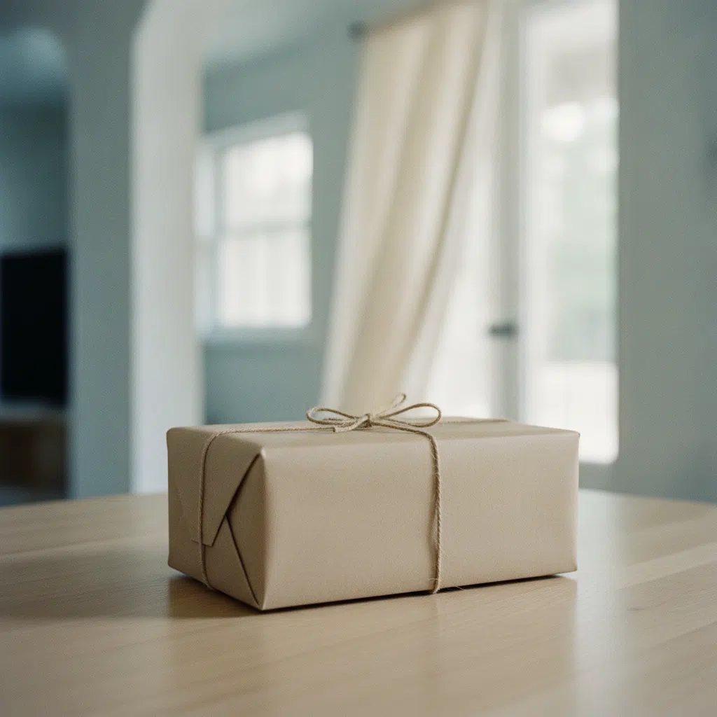 A neat plain kraft parcel box on a table near a bright home entryway ready for collection