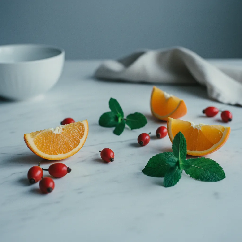 Fresh oranges, rosehip berries, and green leaves arranged on a light stone kitchen table