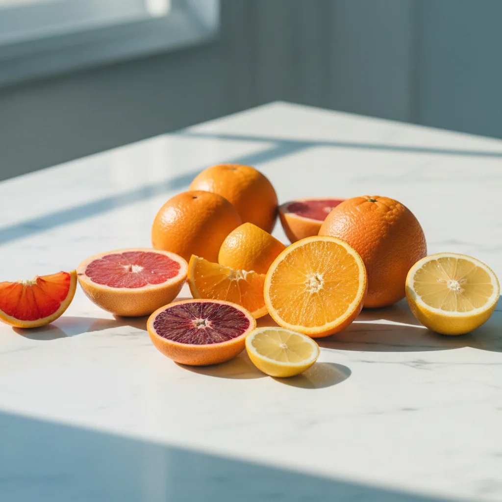 Fresh oranges and citrus fruit on a marble surface representing natural Vitamin C