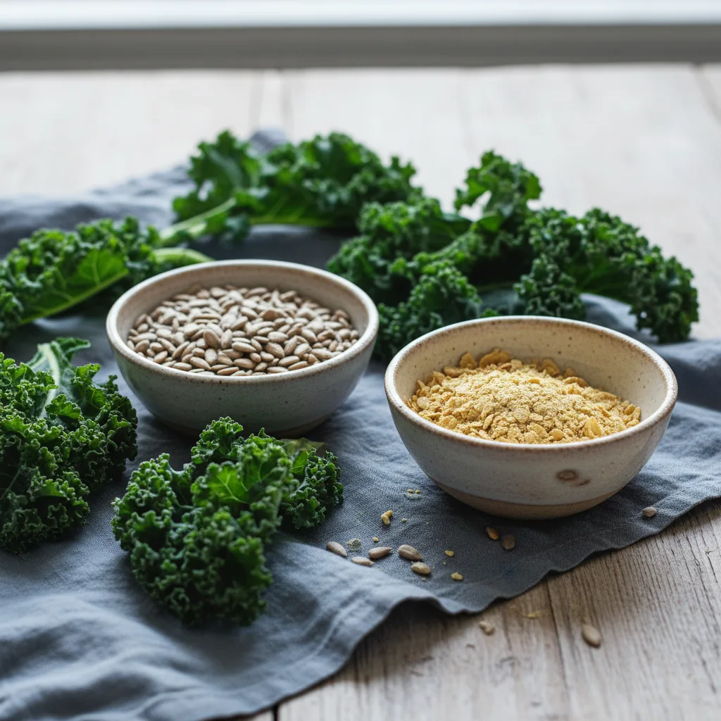 Dark leafy greens and nutrient-rich seeds in ceramic bowls on a wooden surface