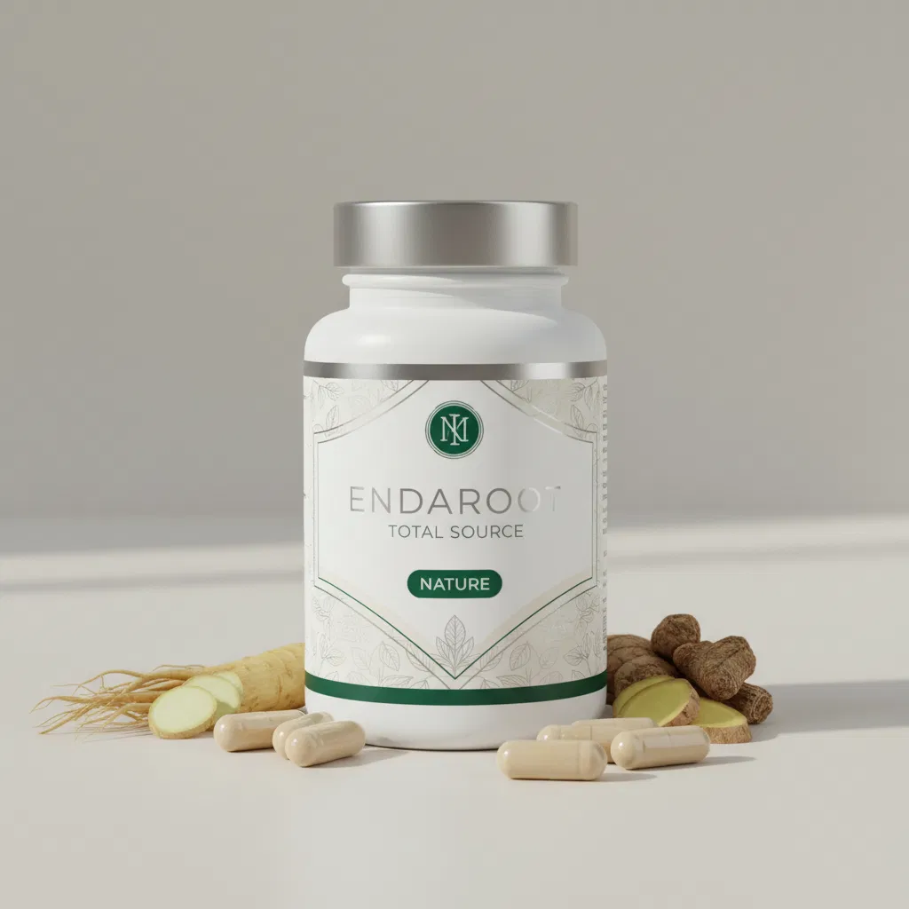 EndaRoot Total Source supplement bottle with label on light stone surface