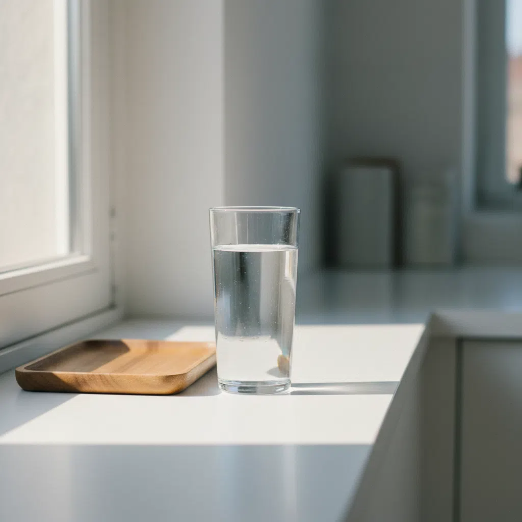 A clear glass of water on a bright kitchen windowsill beside a small wooden tray