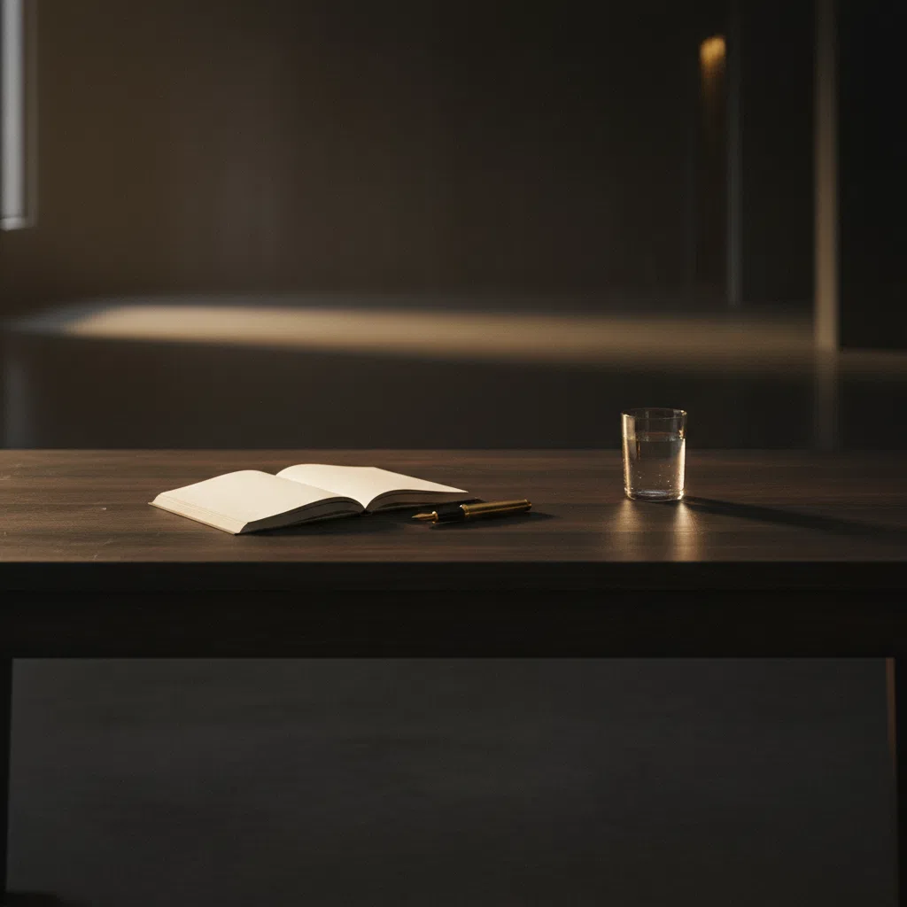Rustige werkruimte met notitieboek en kopje thee op een donker houten bureau