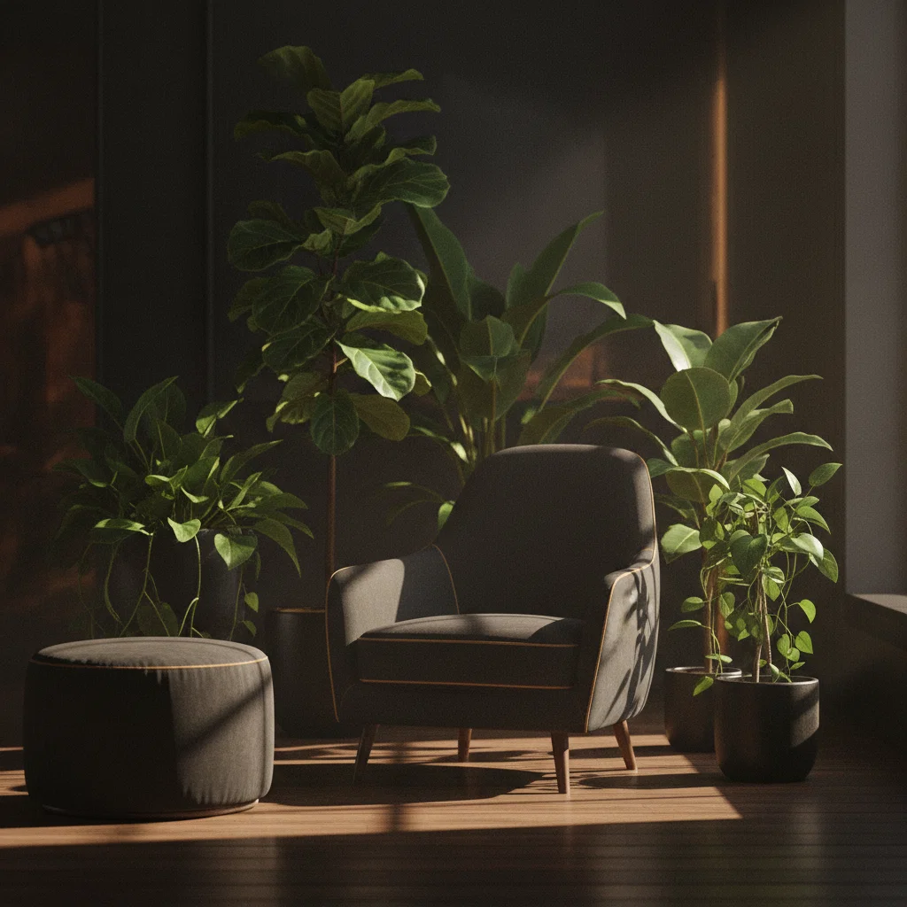 Minimalistische kamer met zachte verlichting, een plant en een leeg bureau